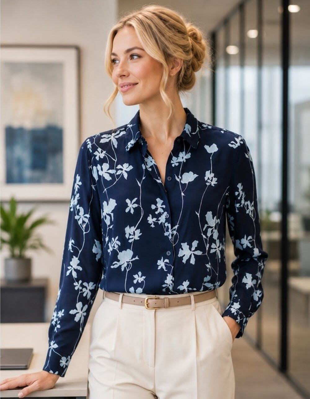 Equipment Navy & Ice Blue Eclipse Floral Chiffon Button Down Blouse Top Sz S M